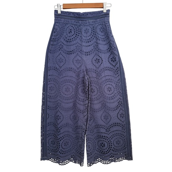 ZIMMERMANN Cotton Navy Blue Eyelet Wide Leg High Rise Cropped Pants Size 0 - Picture 1 of 8